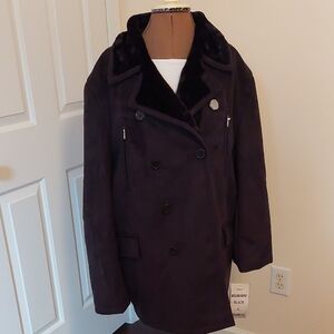 Excelled Black Double-Breasted Coat - Faux Suede with Faux Fur lining NWT